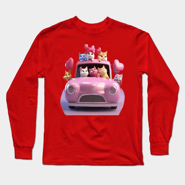 Happy cats in a pink car driving to valentines cat parade. Long Sleeve T-Shirt by sailorsam1805